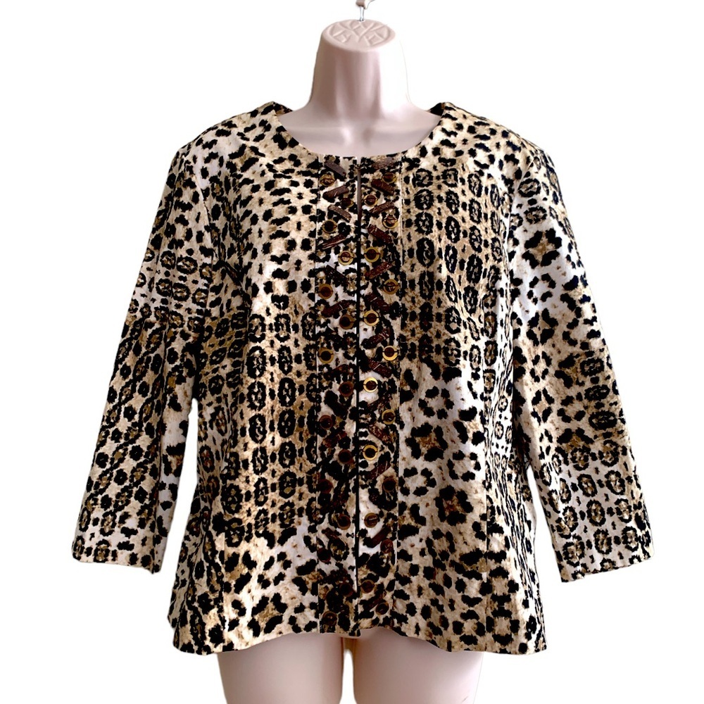 Ruby Rd. Leopard Print Button-Up Jacket in Black, Brown & Cream